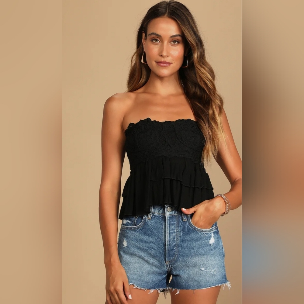 Free People Adella Corset Cami Black Lace Tiered Strapless Crop Top Size XS Boho
